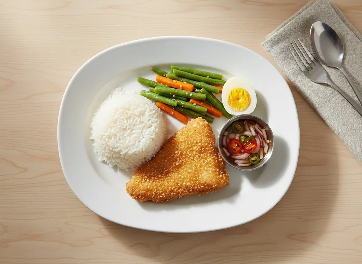 Filipino-style Fish Steak with Rice, Vegetables, and Eggs photo