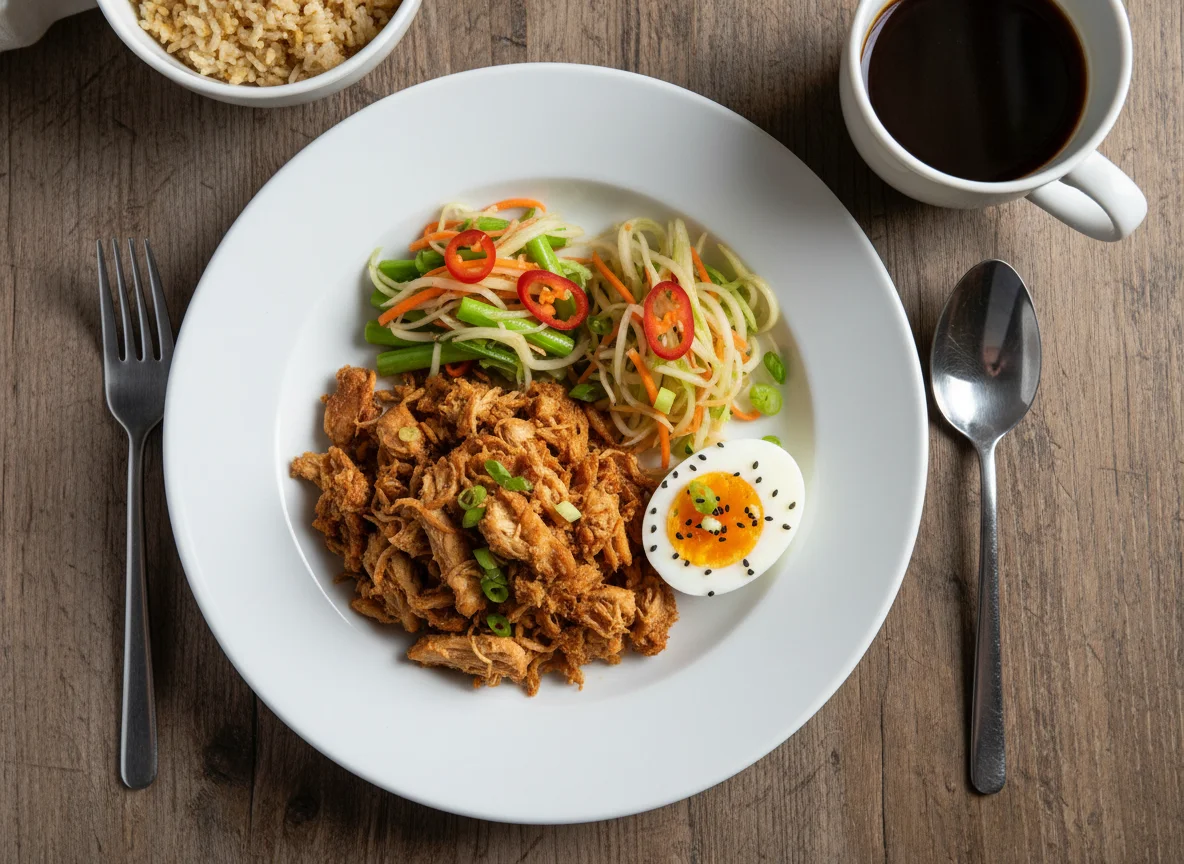 Filipino-style meal with chicken adobo flakes, pickled salad, and egg photo