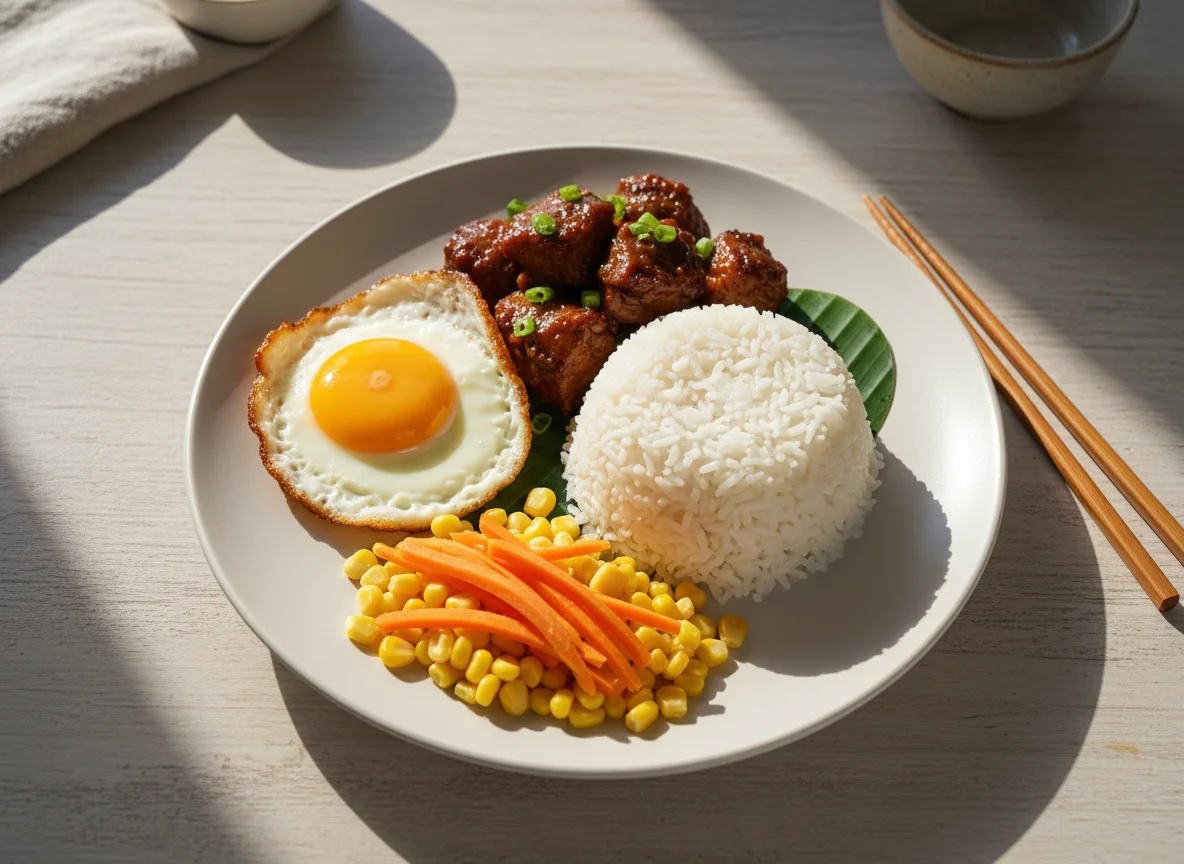 Filipino-style meal with rice, fried egg, pork adobo, and vegetables photo