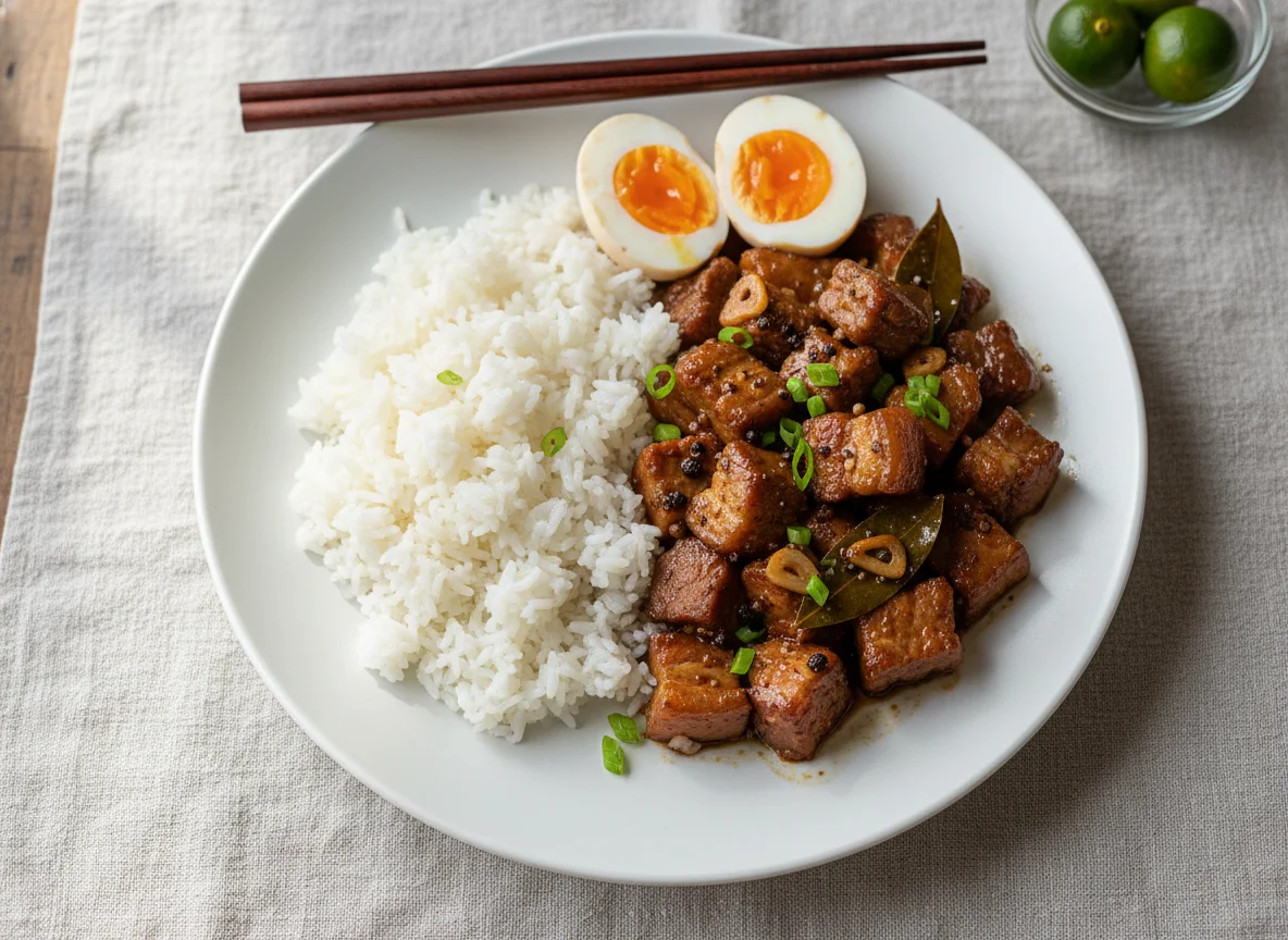 Filipino-style Pork Adobo with Rice and Boiled Eggs photo
