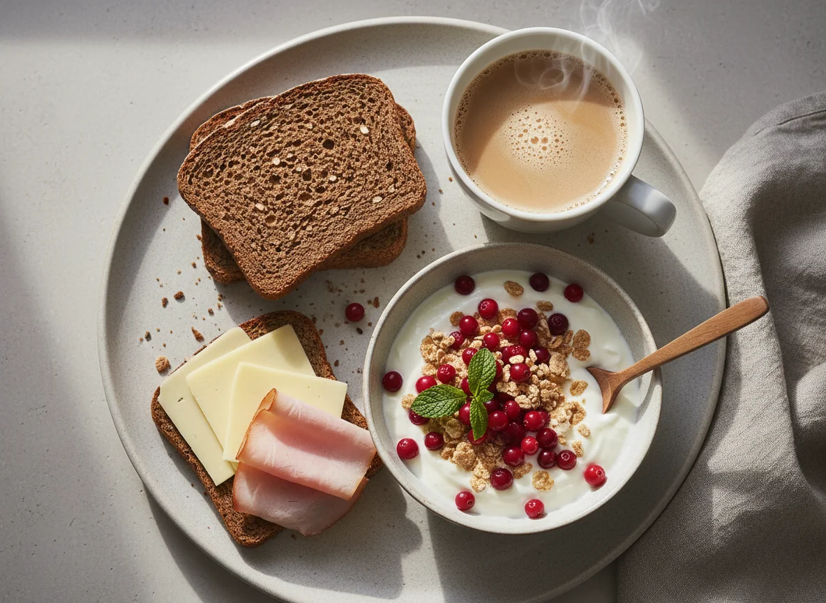 Finnish Breakfast with Rye Bread and Yogurt Bowl photo