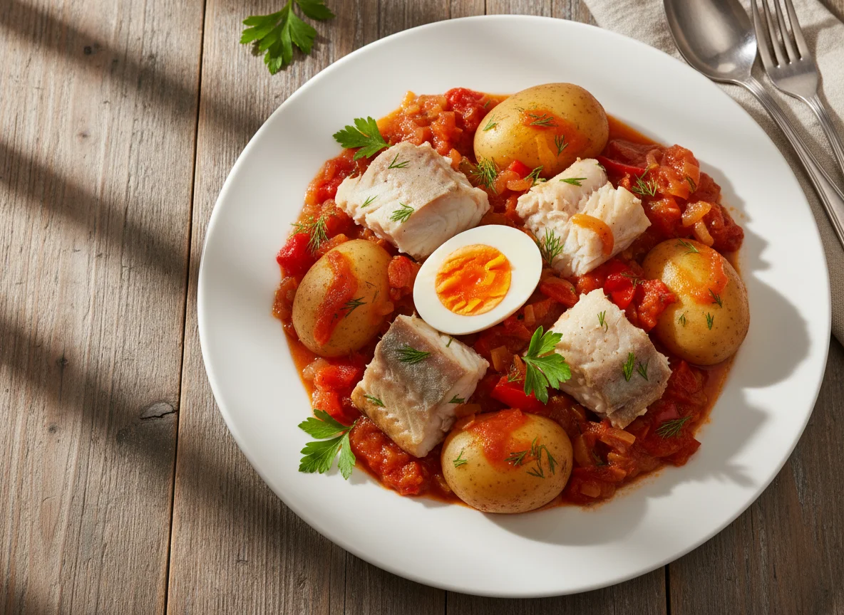 Fish and Boiled Potatoes with Sauce and Egg photo