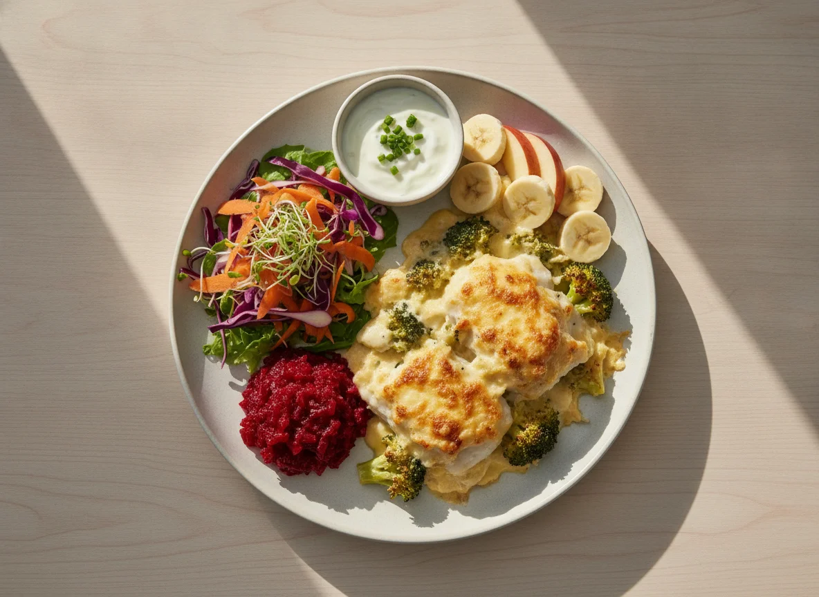 Fish and broccoli bake with mixed salad and fruit photo