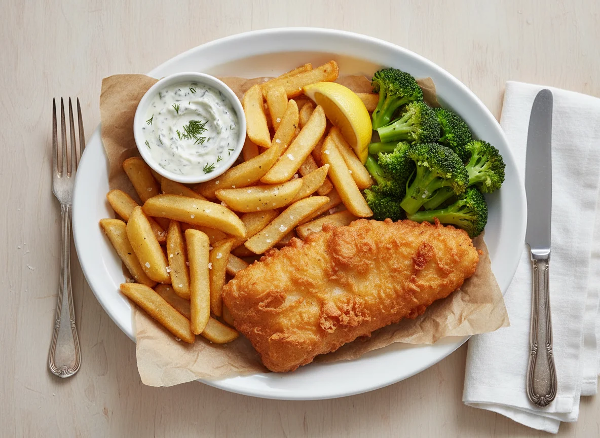 Fish and Chips with Broccoli and Tartar Sauce photo