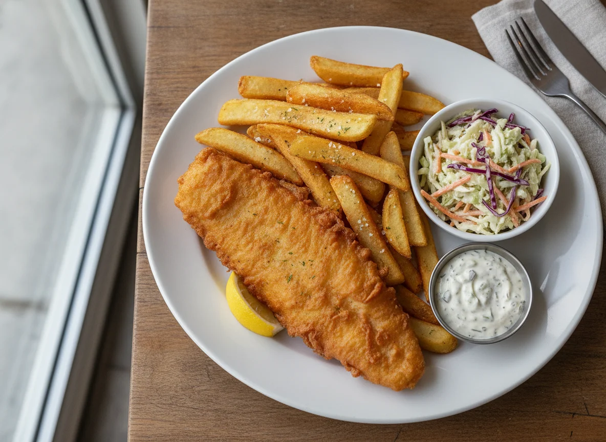 Fish and Chips with Coleslaw and Tartar Sauce photo