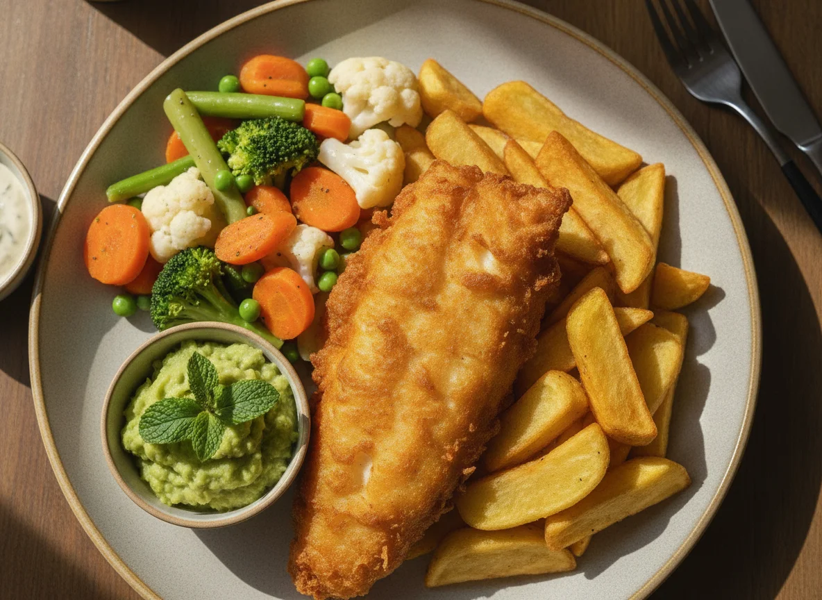 Fish and Chips with Mixed Vegetables photo