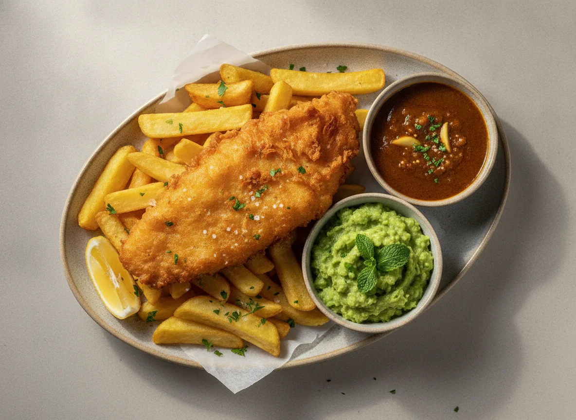 Fish and Chips with Mushy Peas and Curry Sauce photo