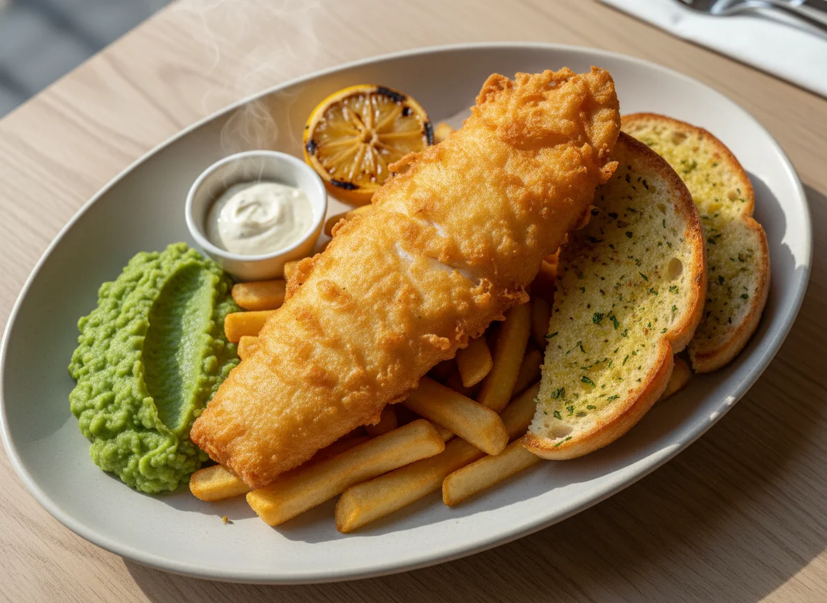 Fish and Chips with Mushy Peas and Garlic Bread photo
