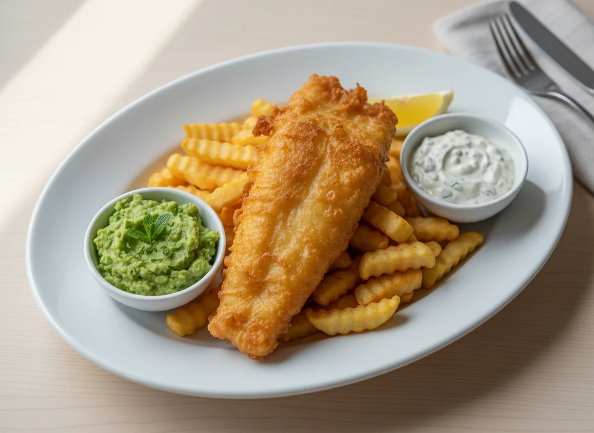 Fish and Chips with Mushy Peas and Tartar Sauce photo