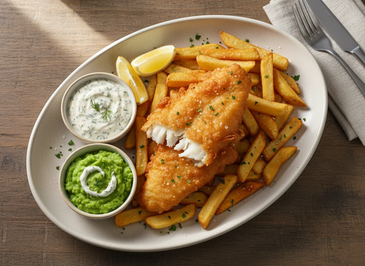 Fish and Chips with Mushy Peas and Tartare Sauce photo