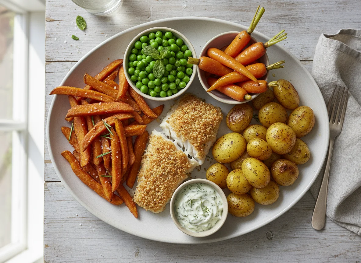 Fish and Chips with Peas and Carrots photo