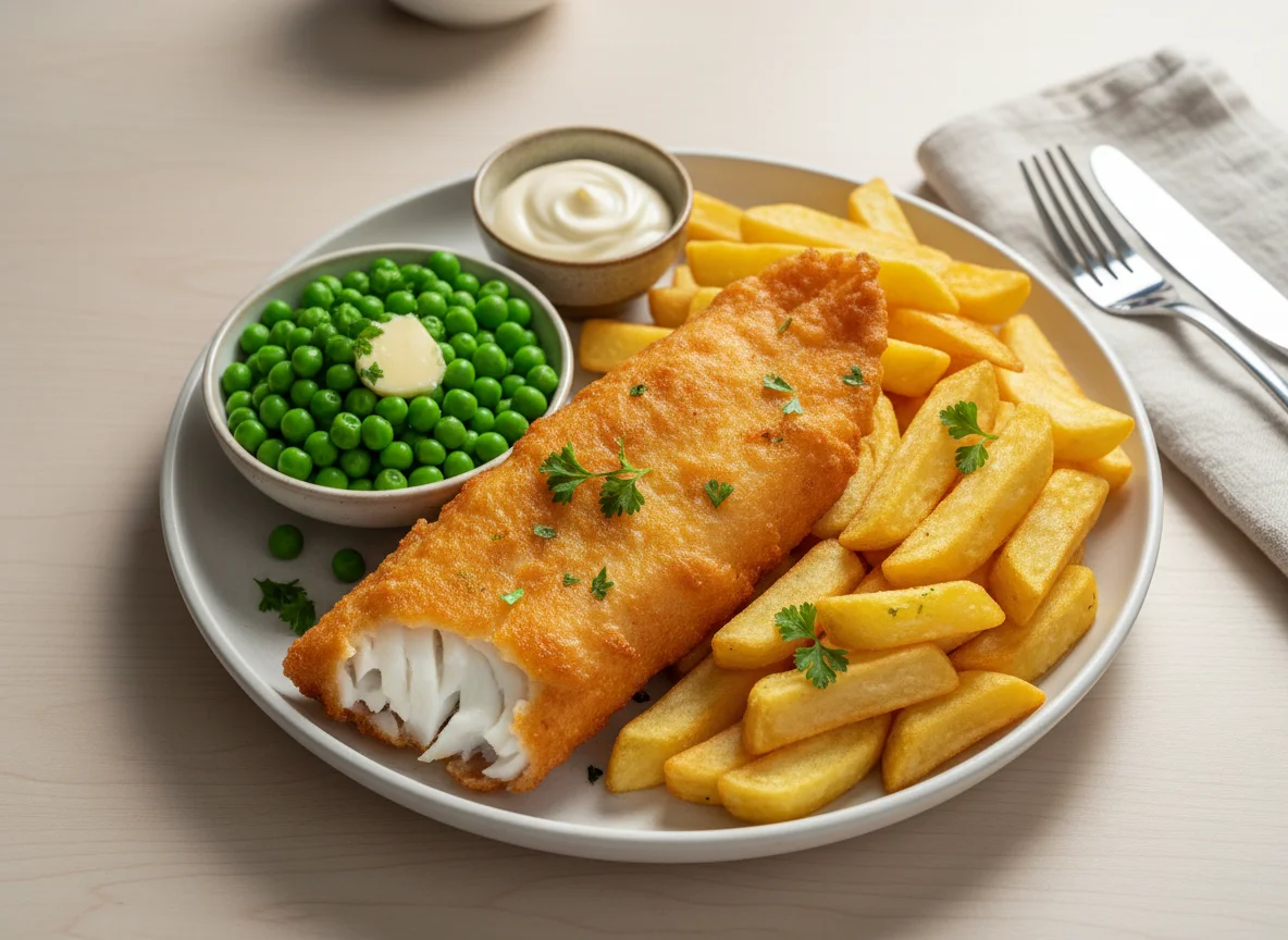 Fish and Chips with Peas and Mayonnaise photo