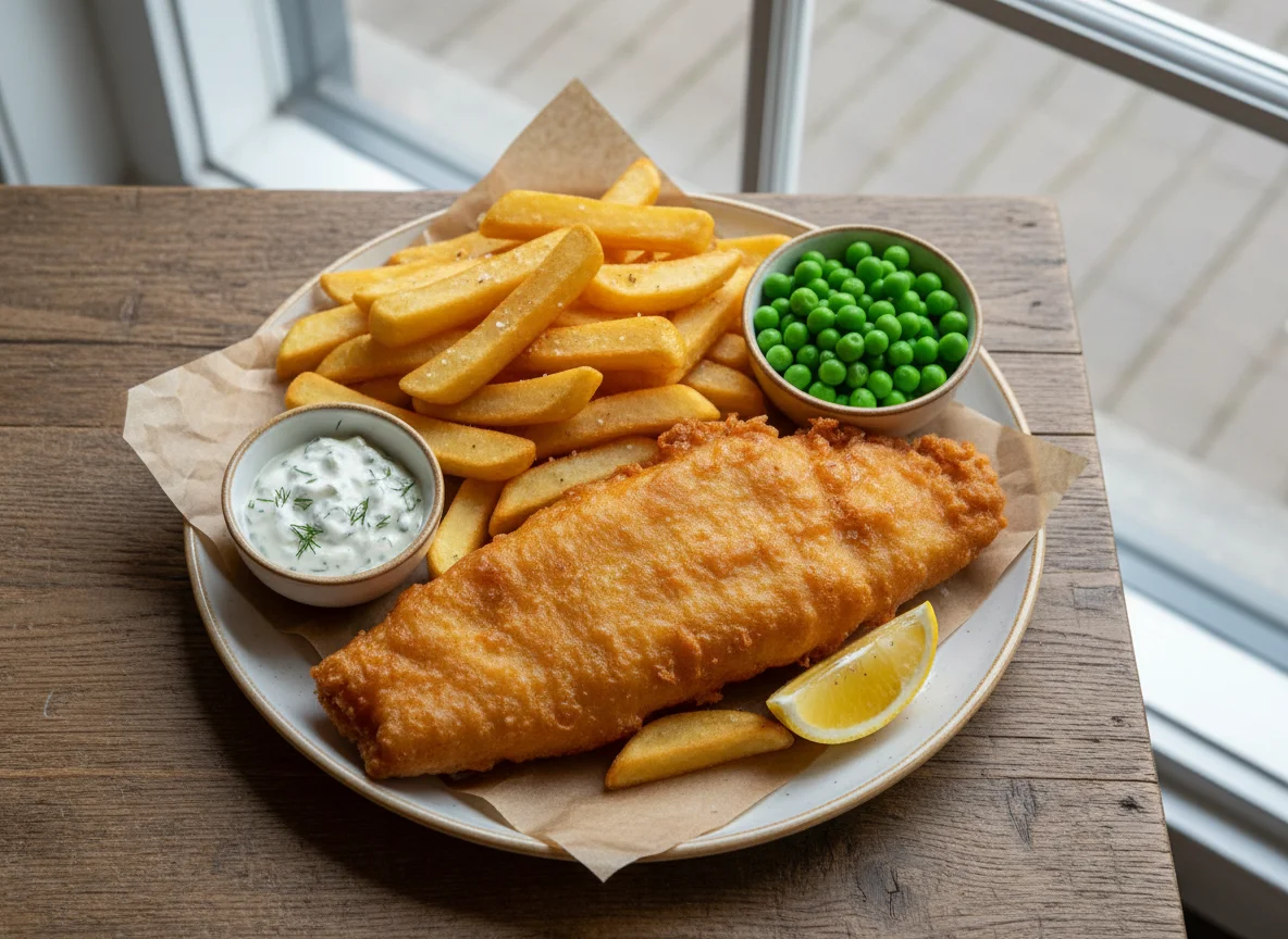 Fish and Chips with Peas and Tartar Sauce photo
