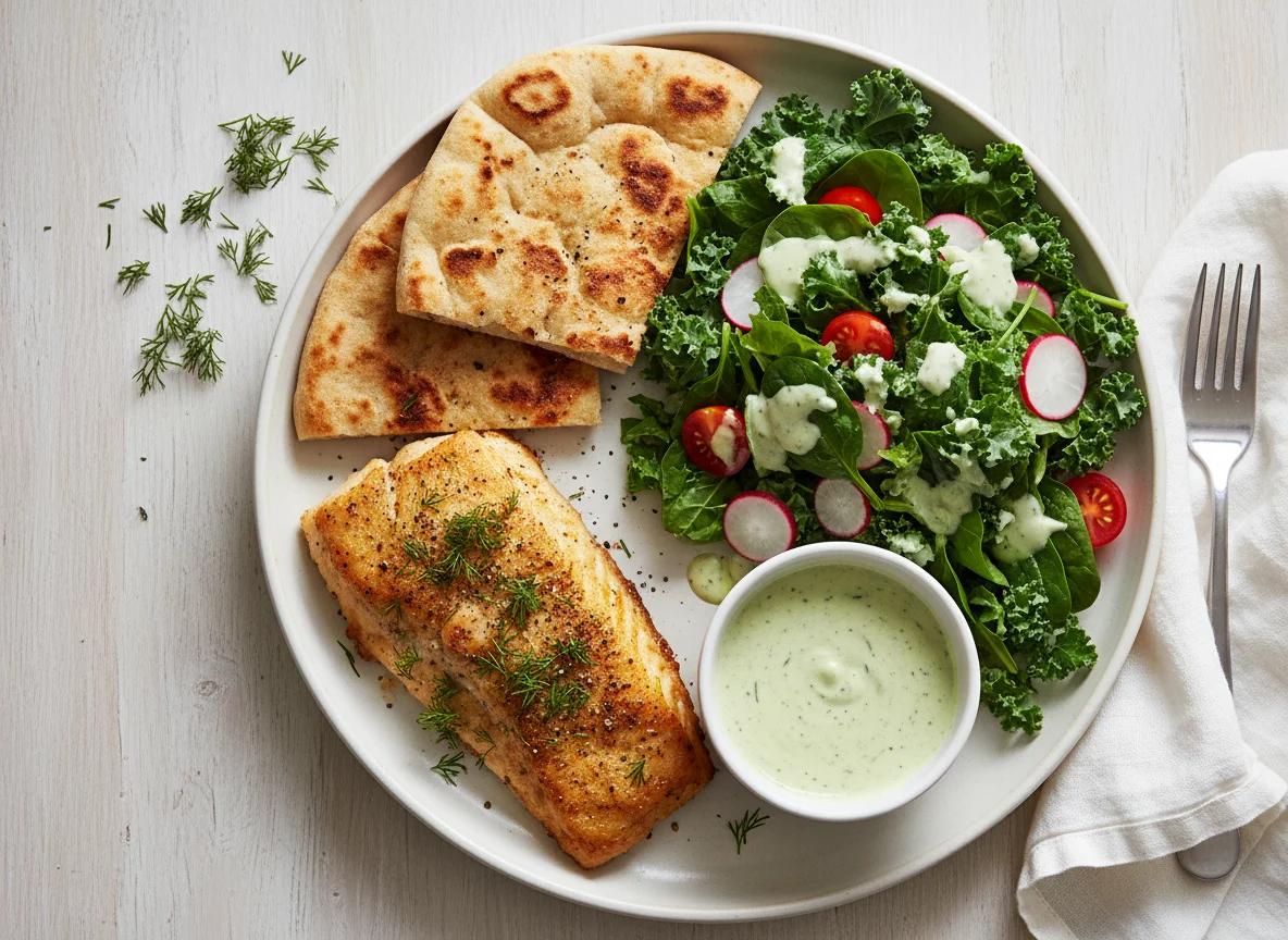 Fish and Dill with Flatbread and Salad photo