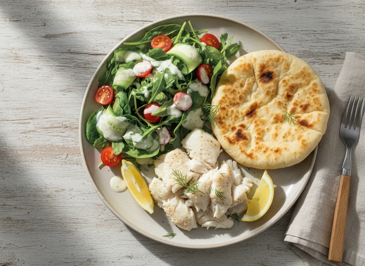Fish and Flatbread with Salad photo