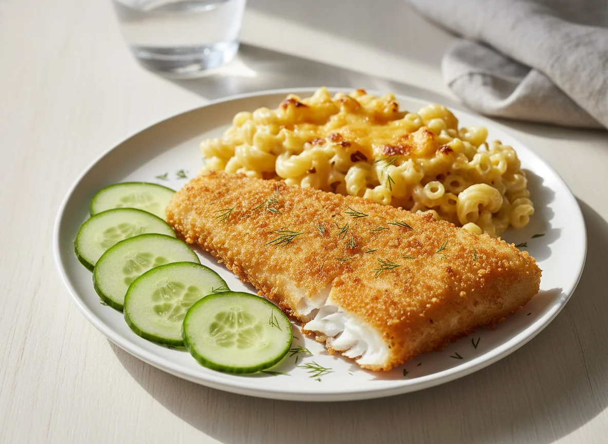 Fish and Macaroni Cheese with Cucumber photo