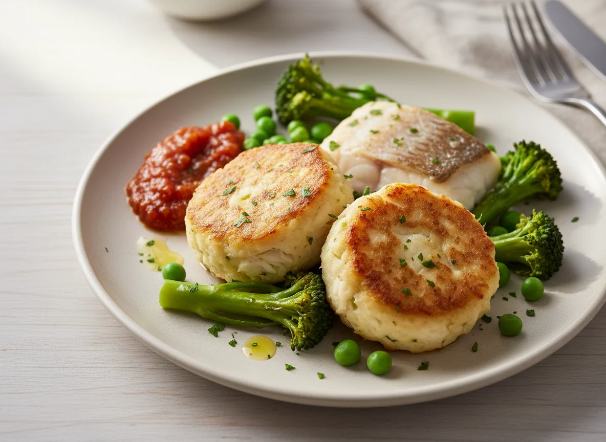 Fish and Potato Cakes with Vegetables photo