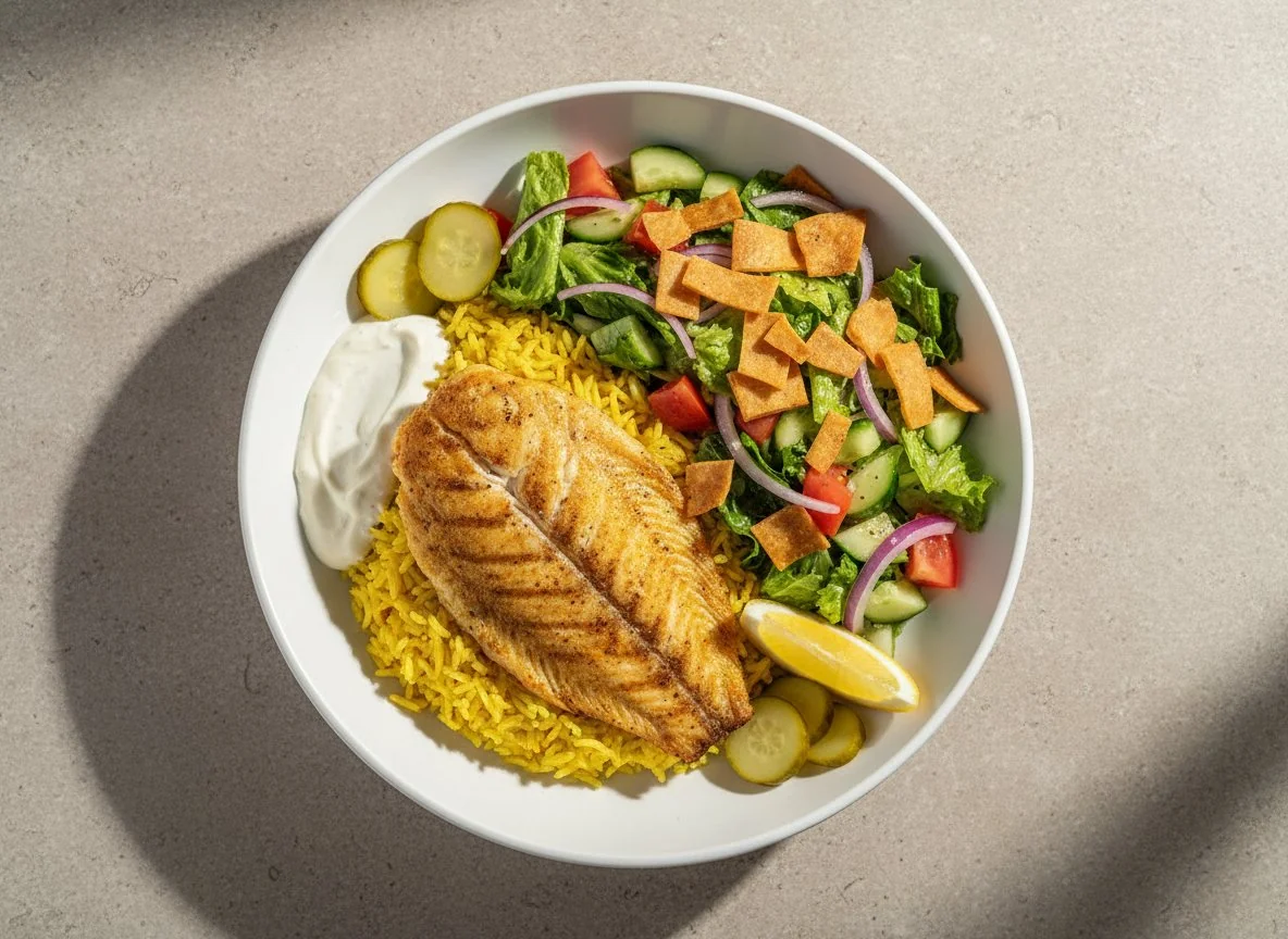 Fish and Rice Bowl with Fattoush Salad photo