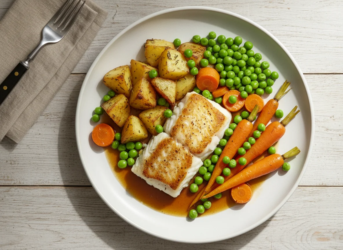 Fish and Roasted Vegetables with Peas photo
