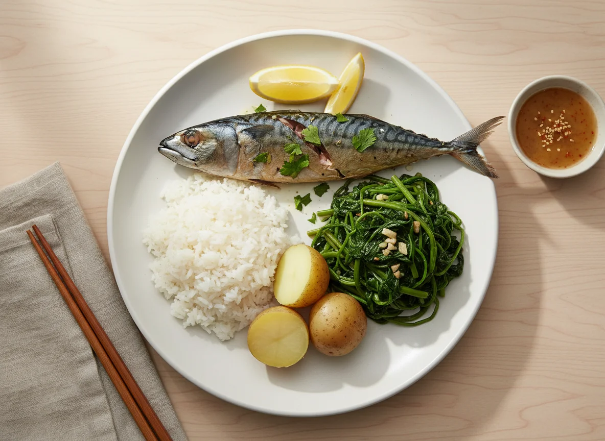 Fish and Vegetable Plate with Rice photo
