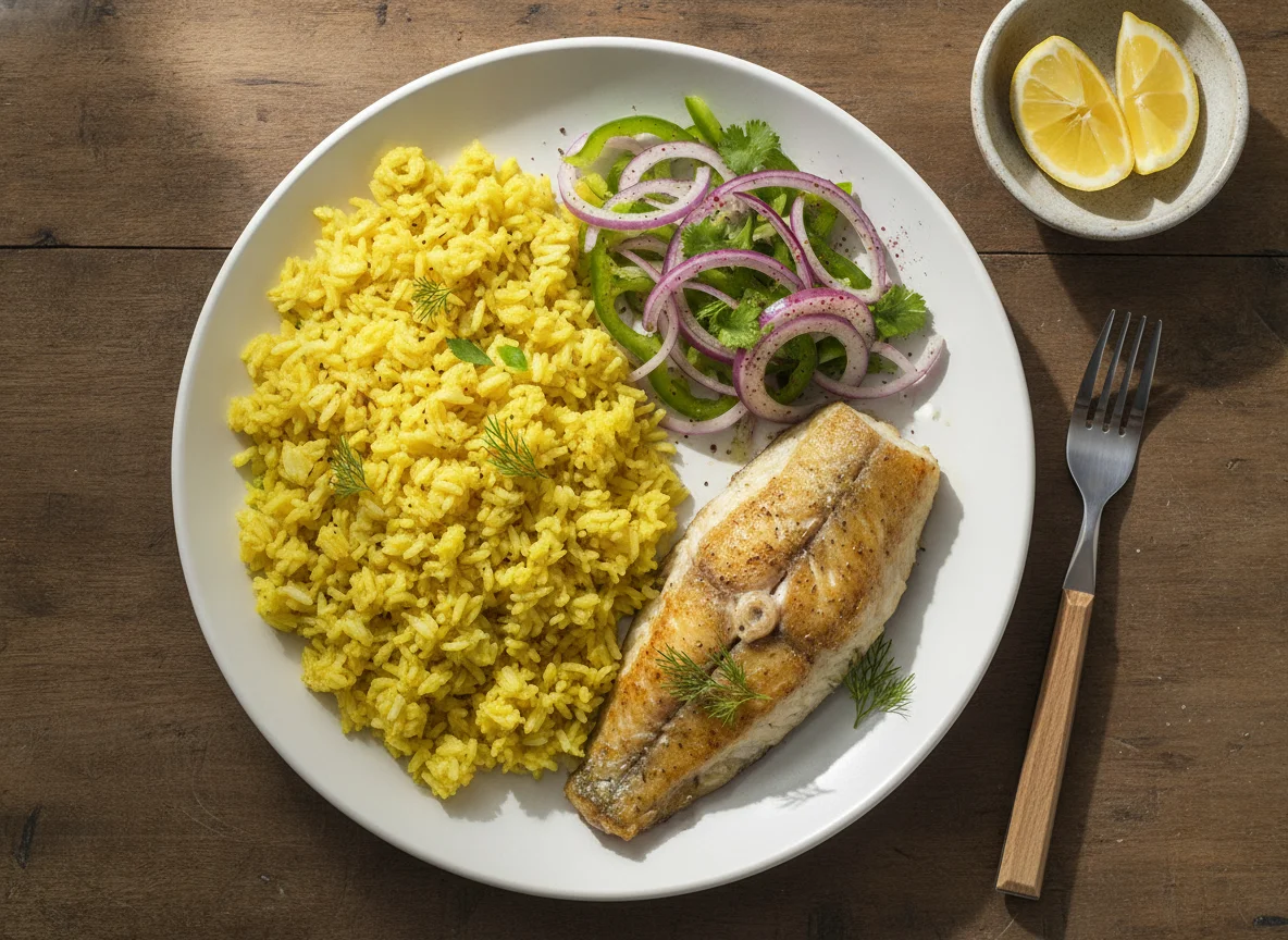 Fish and Yellow Rice with Onion Salad photo