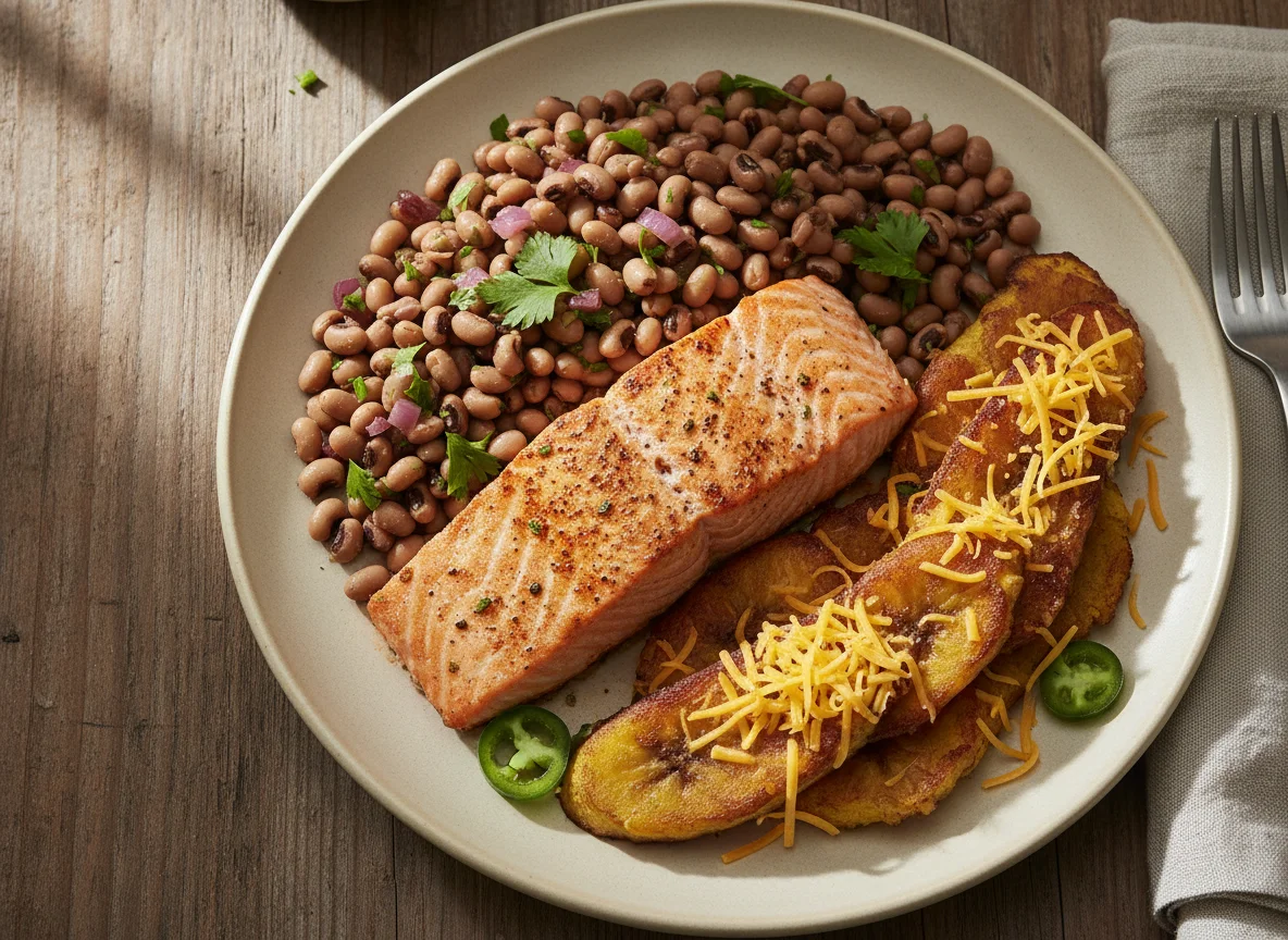 Fish, Black-eyed Peas, and Plantains with Cheese photo