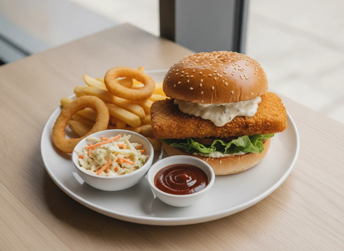 Fish burger and chips photo