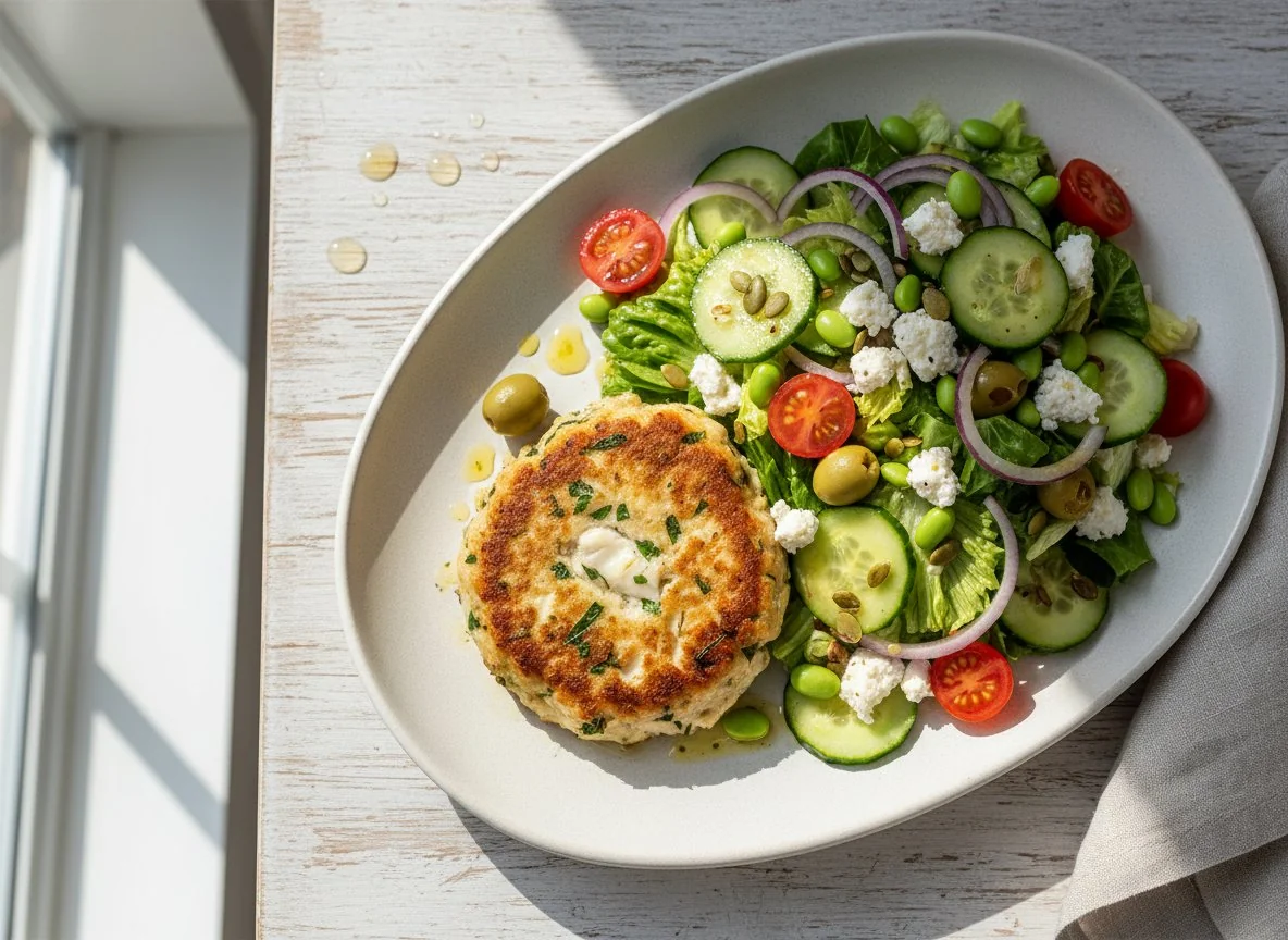 Fish Cake with Greek-style Salad photo