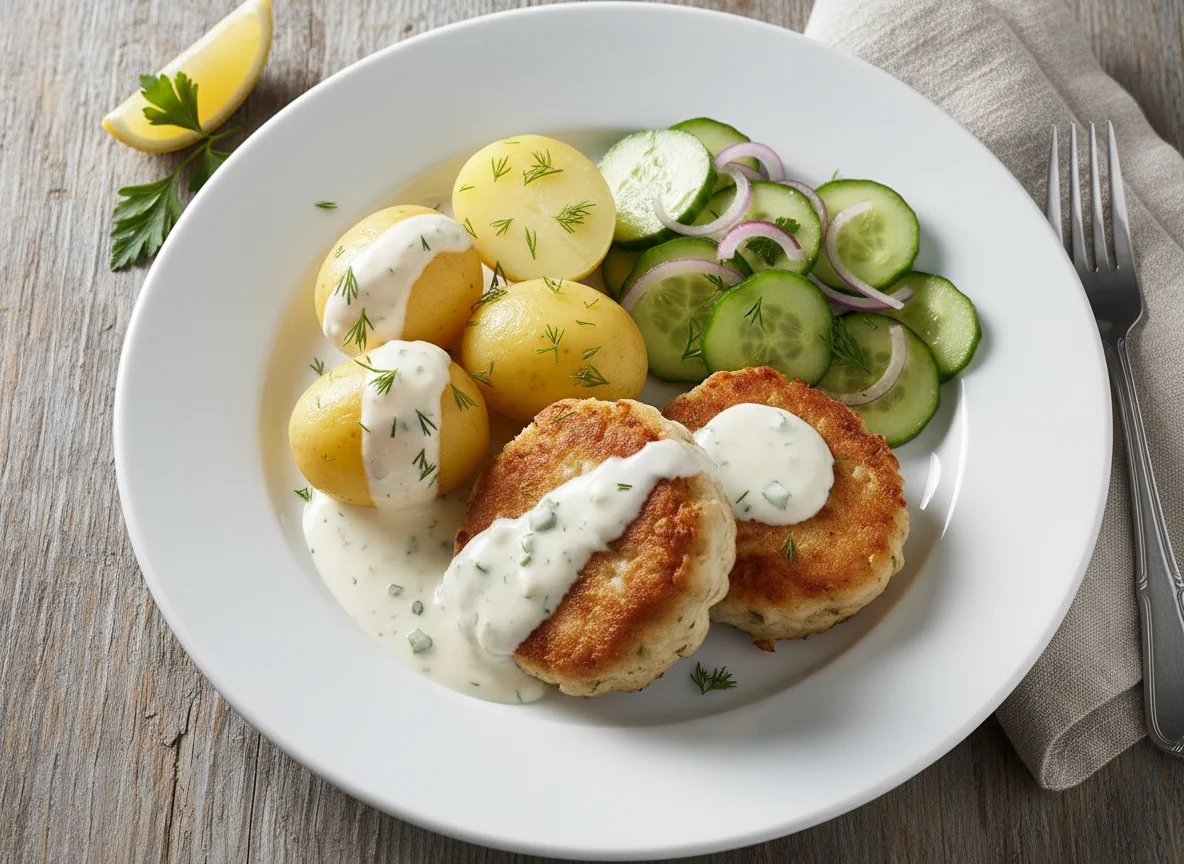 Fish cake with potatoes and cucumber salad photo