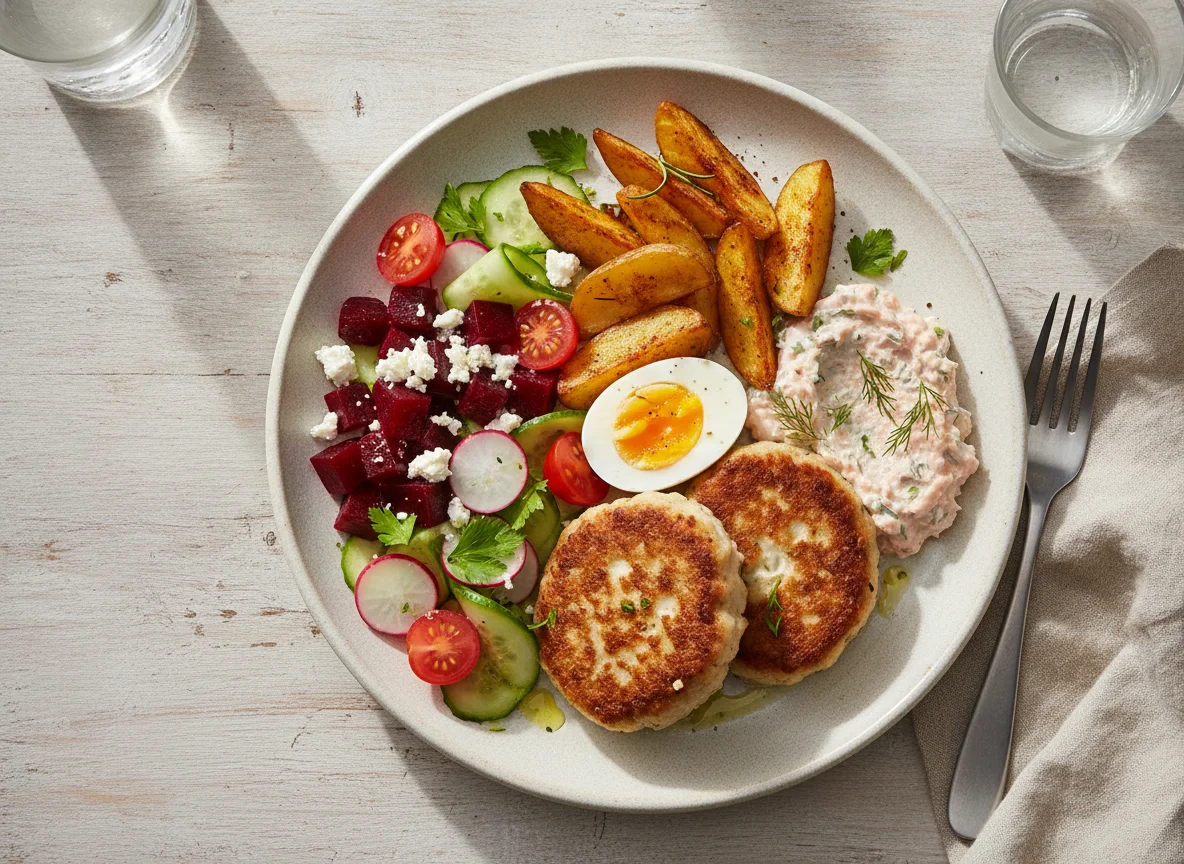 Fish cake with roasted potatoes and salad photo