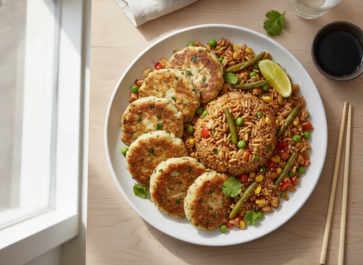 Fish cake with vegetable fried rice photo