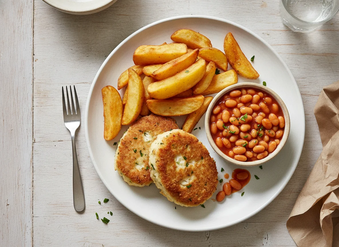 Fish Cakes, Chips and Baked Beans photo