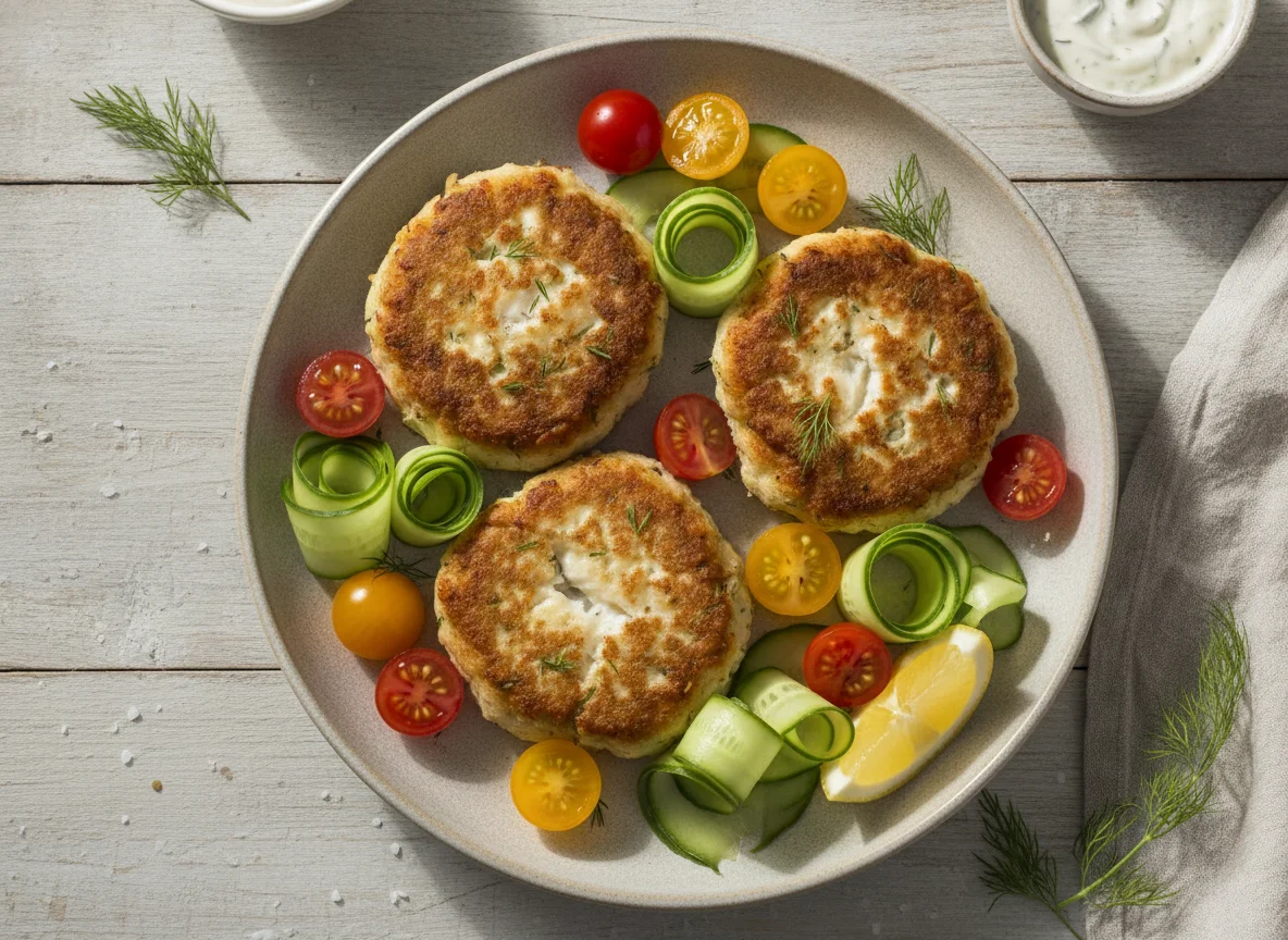 Fish cakes with cherry tomatoes and cucumber photo