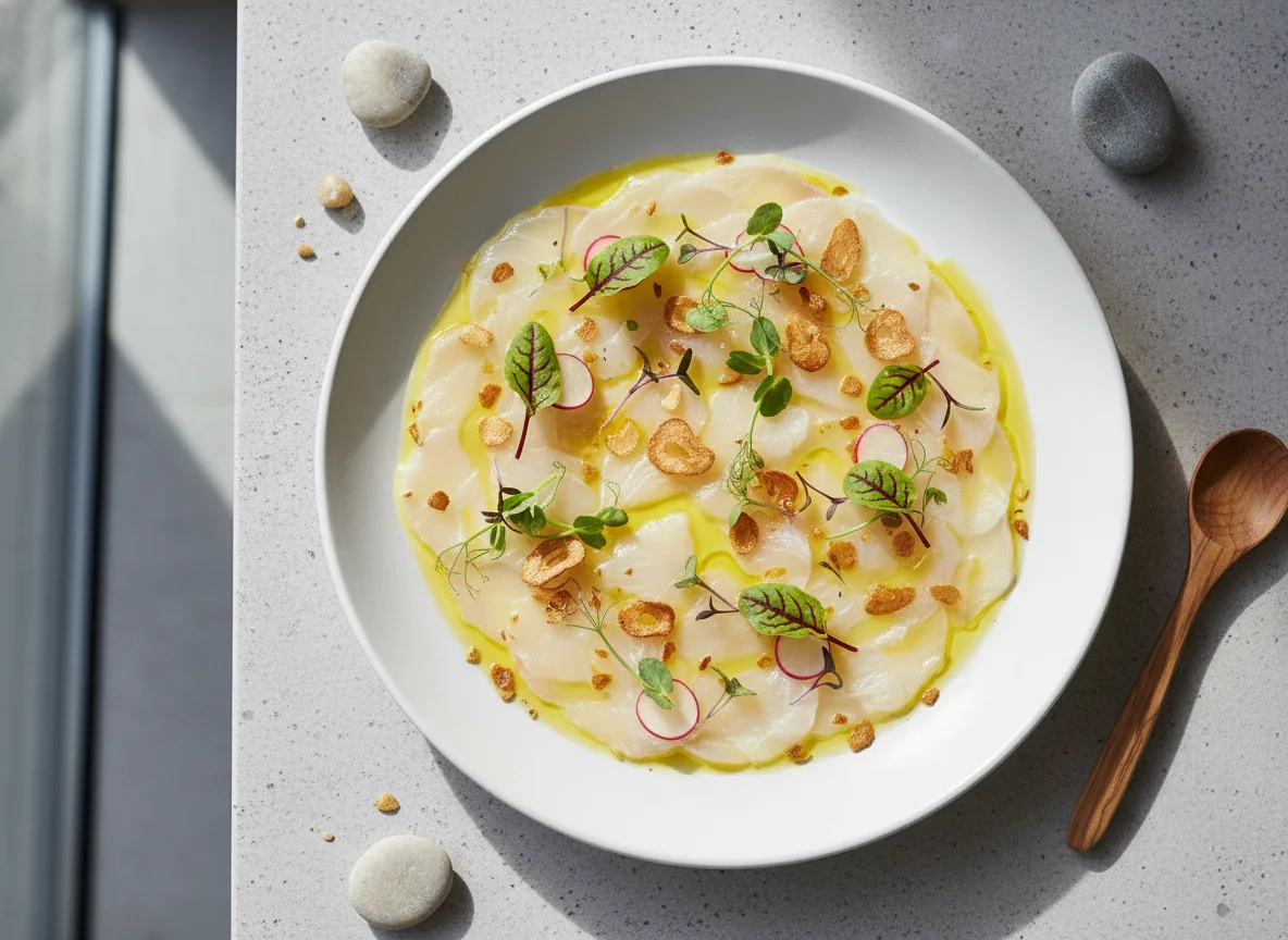 Fish Carpaccio with Dressing and Microgreens photo