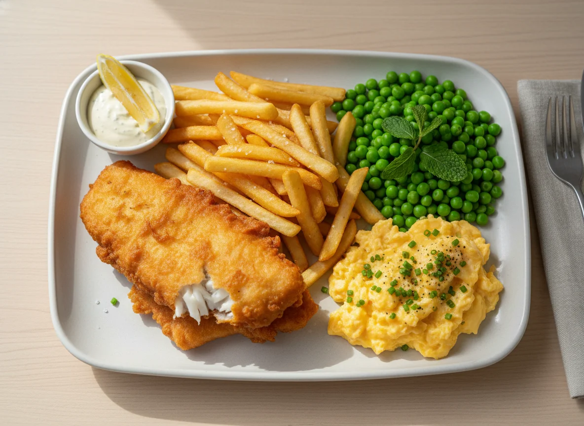 Fish, Chips, Peas, and Scrambled Eggs photo
