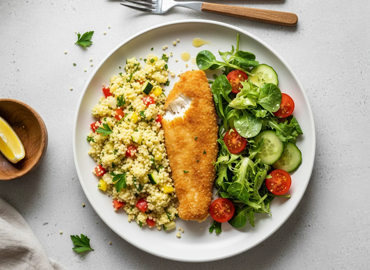 Fish, Couscous and Salad photo