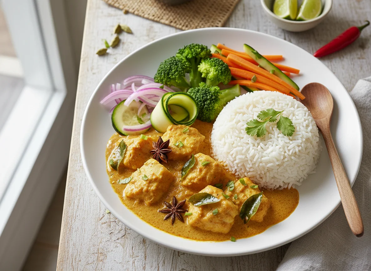 Fish Curry with Rice and Vegetables photo