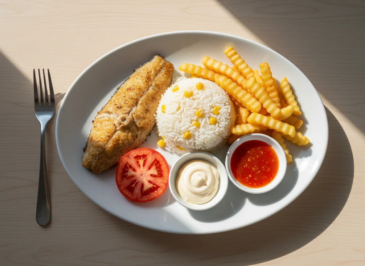 Fish fillet with rice, chips, and sauces photo