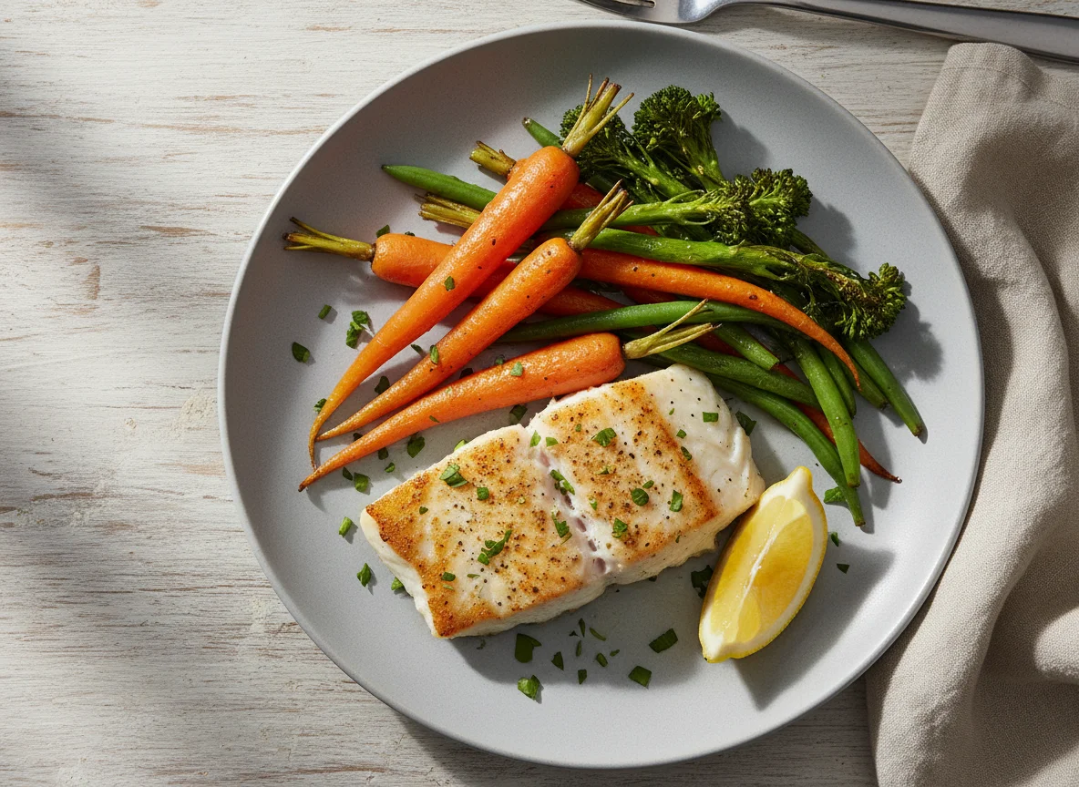 Fish Fillet with Roasted Carrots, Broccolini, and Green Beans photo