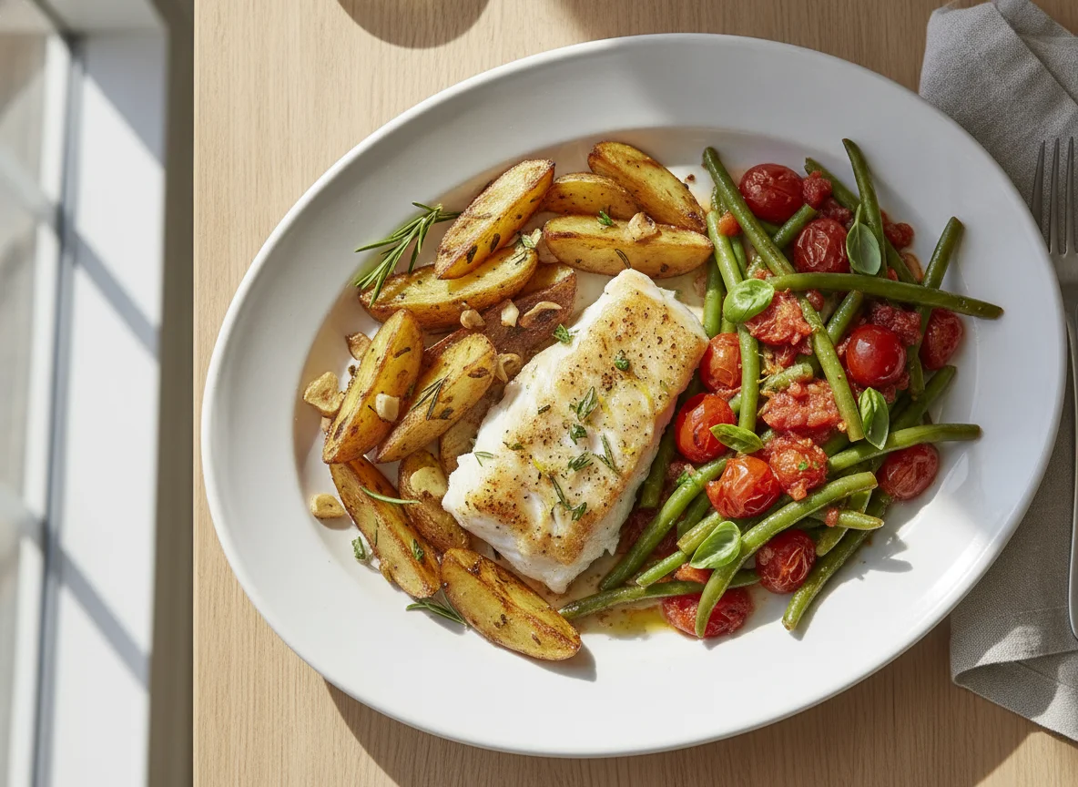 Fish fillet with roasted potatoes and green beans photo