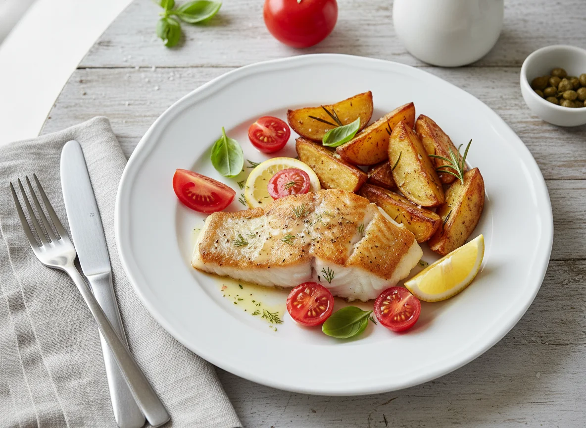 Fish Fillet with Roasted Potatoes and Tomato Slices photo