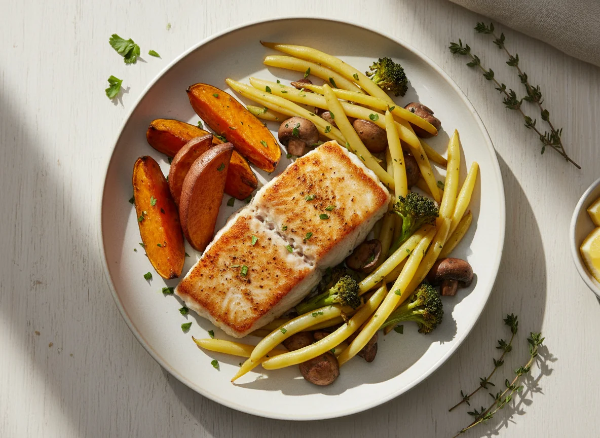 Fish Fillet with Roasted Sweet Potatoes and Vegetables photo