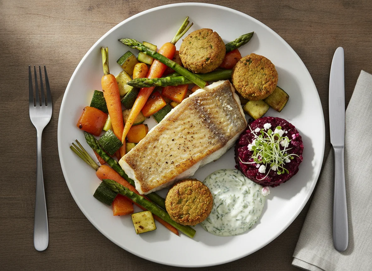 Fish fillet with roasted vegetables and falafel photo