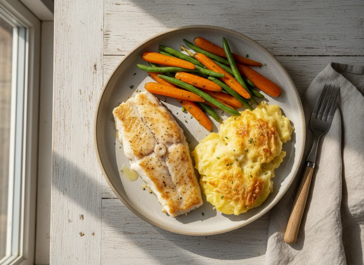 Fish Fillet with Scalloped Potatoes and Vegetables photo