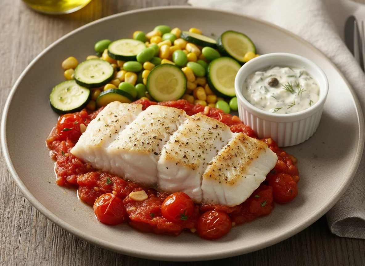 Fish Fillet with Stewed Tomatoes and Vegetable Medley photo