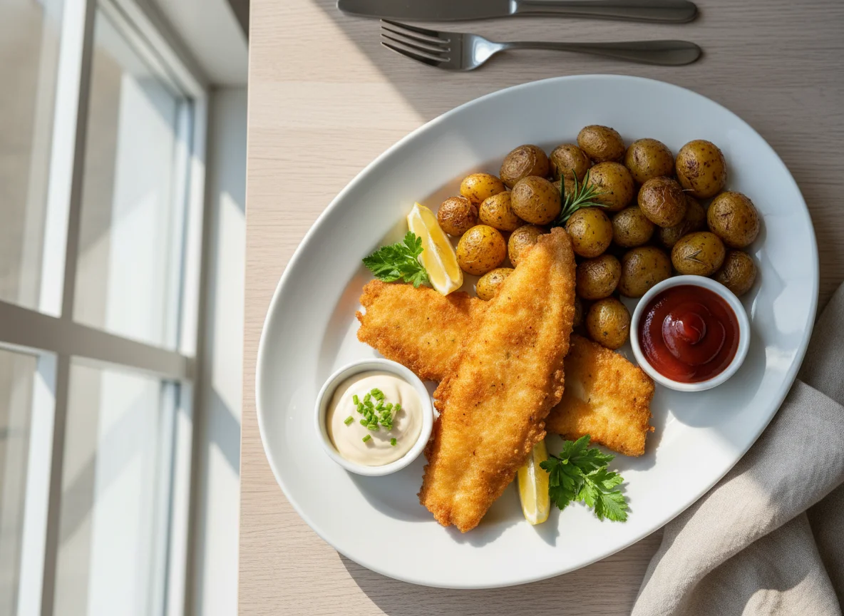 Fish Fillets with Roasted Potatoes and Sauces photo