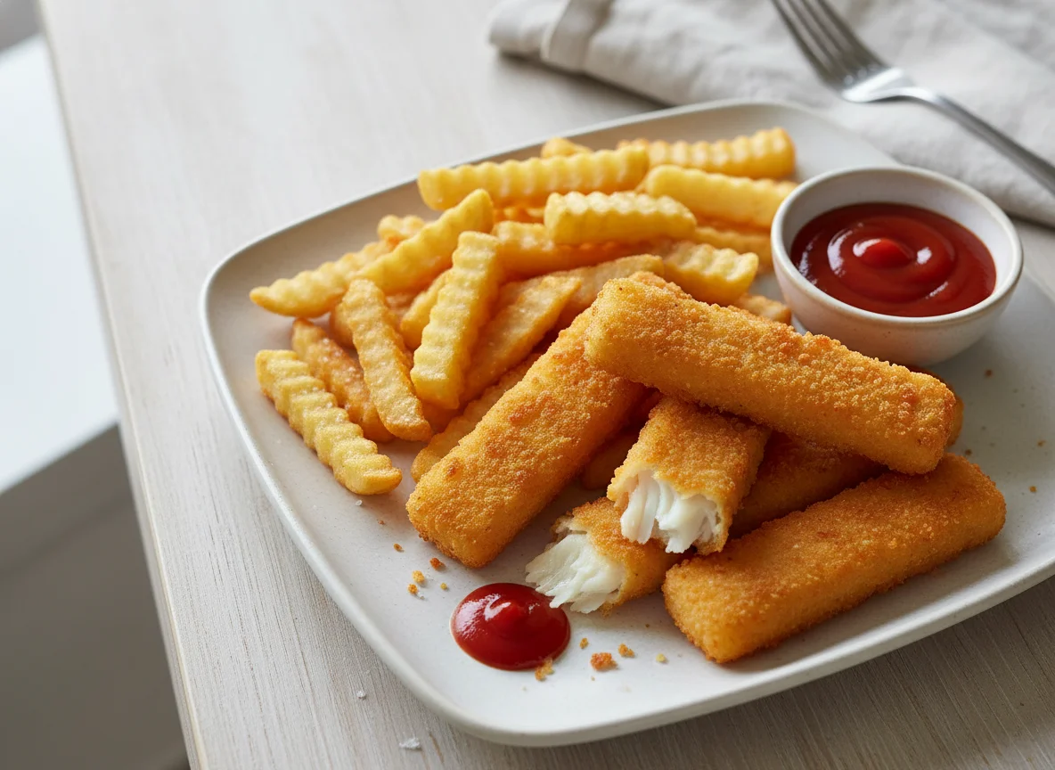 Fish fingers and chips with ketchup photo