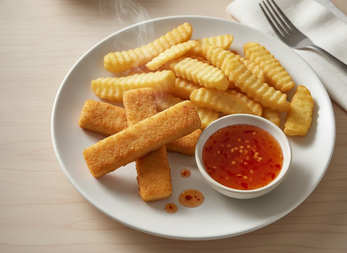 Fish fingers and chips with sauce photo