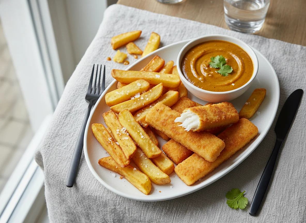 Fish Fingers, Chips and Curry Sauce photo
