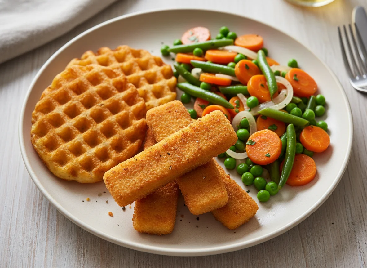 Fish fingers, potato waffles, and mixed vegetables photo
